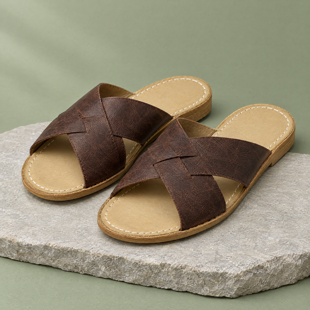 Delta grounding crossover sandal in Brentwood Brown, three-quarter view
