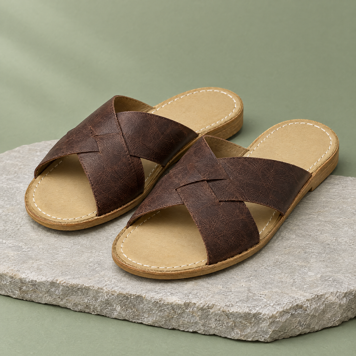 Delta grounding crossover sandal in Brentwood Brown, three-quarter view