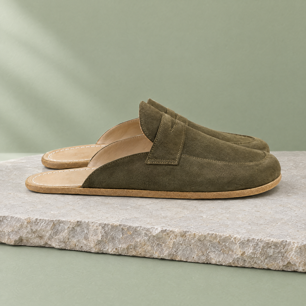 Flint grounding penny clog in Olive Suede