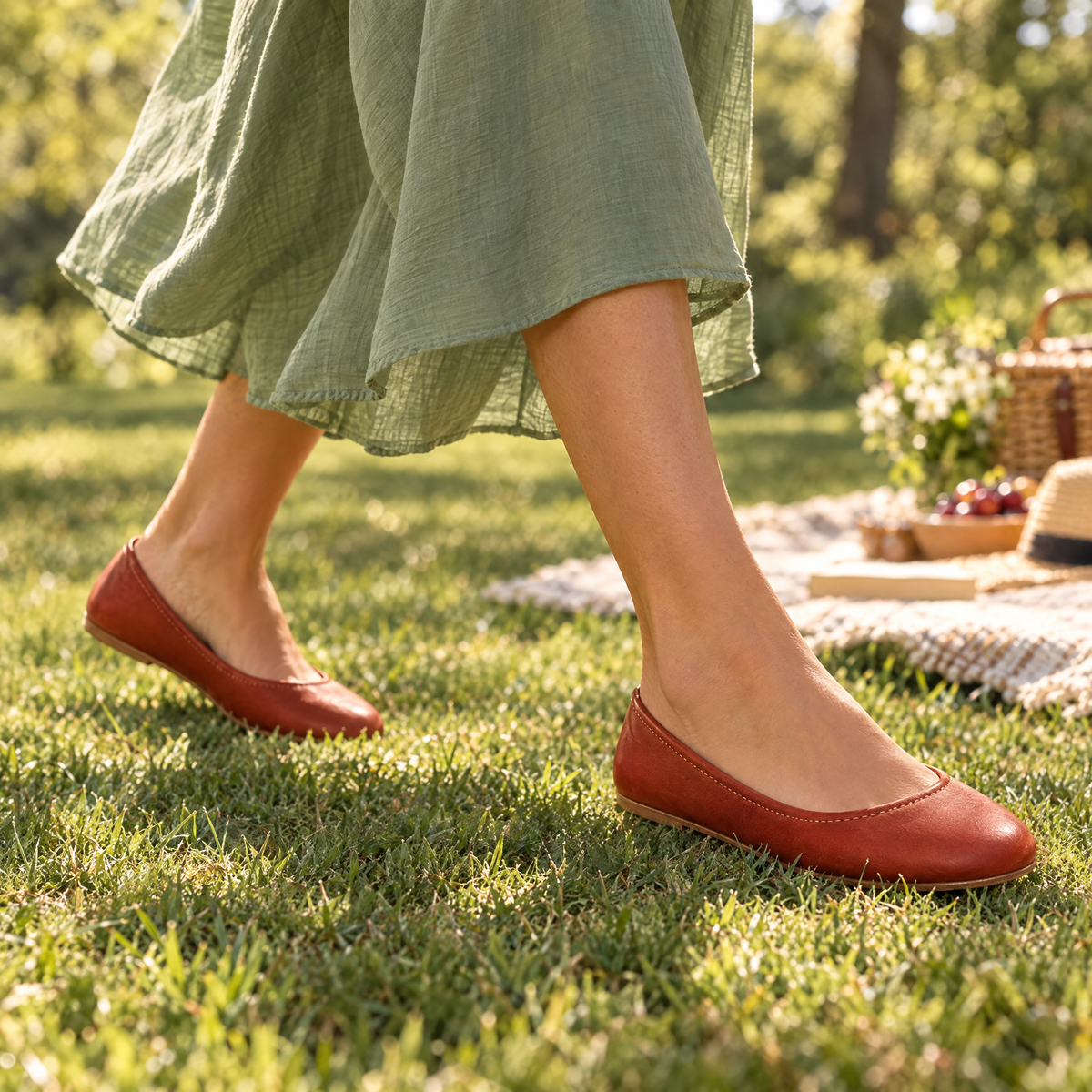 Sedge grounding ballet flat worn outdoors on natural ground
