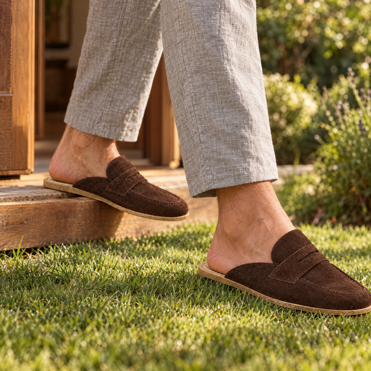 Flint grounding backless penny clog worn outdoors on natural ground