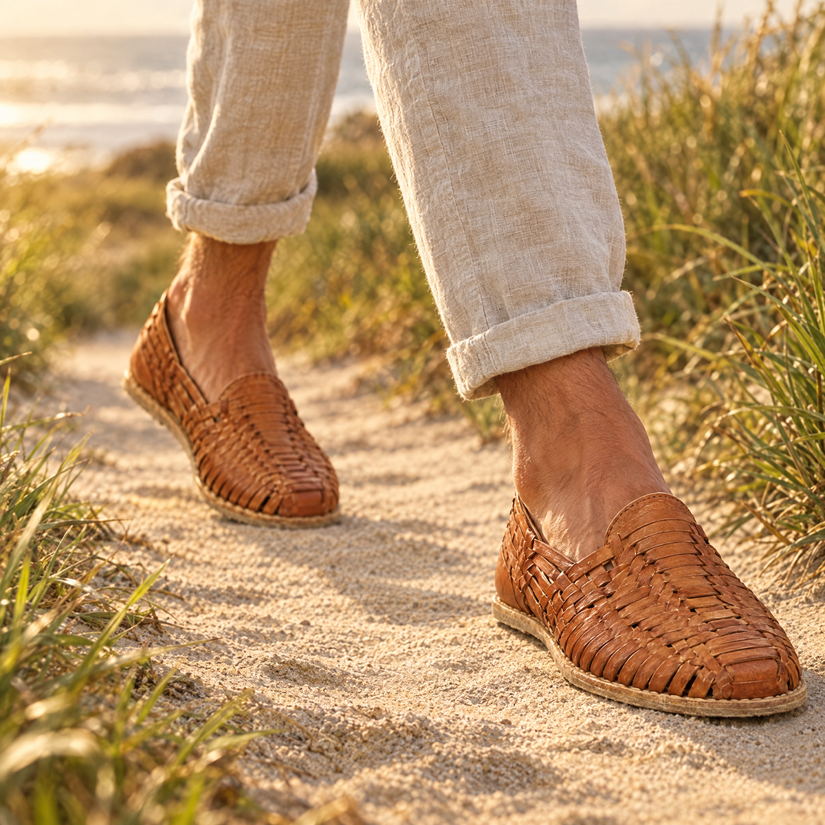 Mesa grounding woven huarache worn outdoors on natural ground