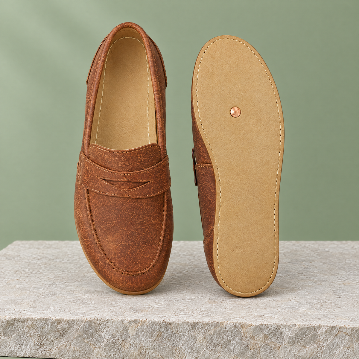 Leather outsole with copper grounding rivet under the ball of the foot