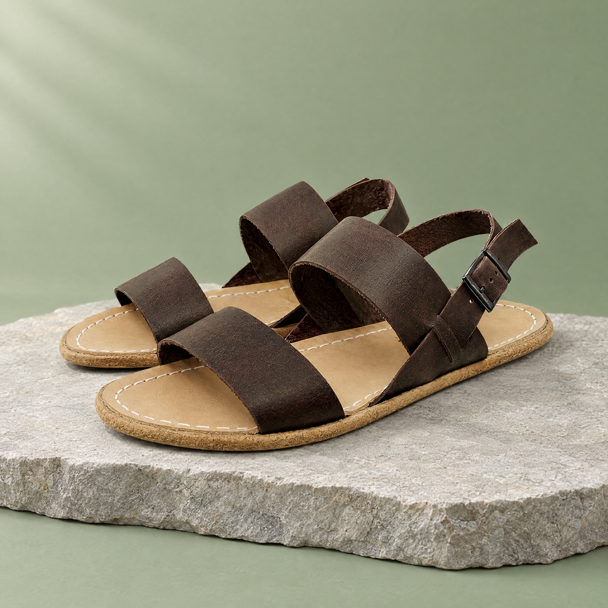 Brook grounding double-strap sandal in Brentwood Brown, three-quarter view