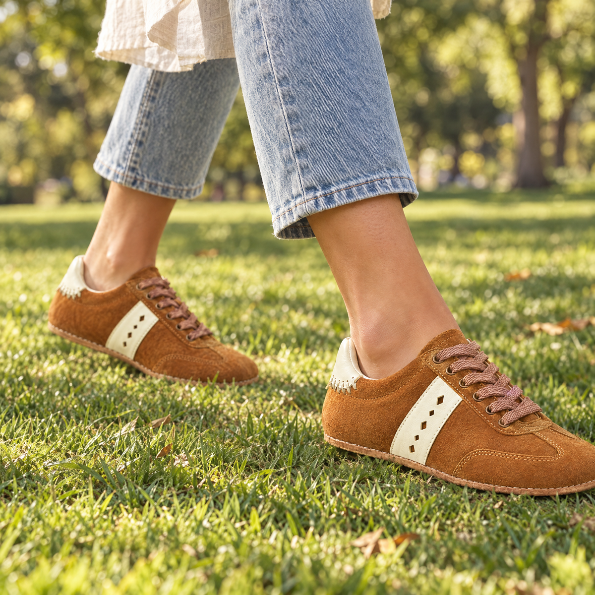 Cedar grounding retro sneaker worn outdoors on natural ground