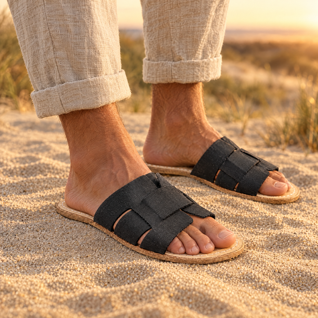 Willow grounding interwoven slide worn outdoors on natural ground
