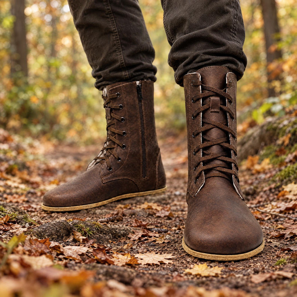 Timber grounding long boot worn outdoors on natural ground