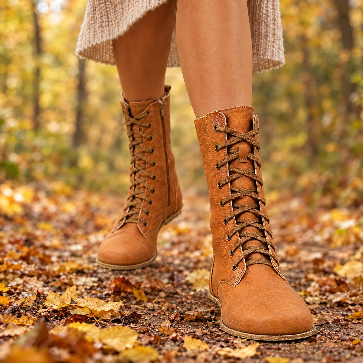 Timber grounding long boot worn outdoors on natural ground