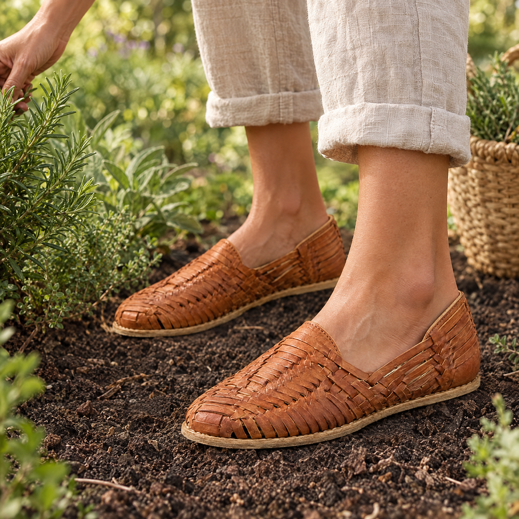 Mesa woven grounding huarache worn outdoors on natural ground
