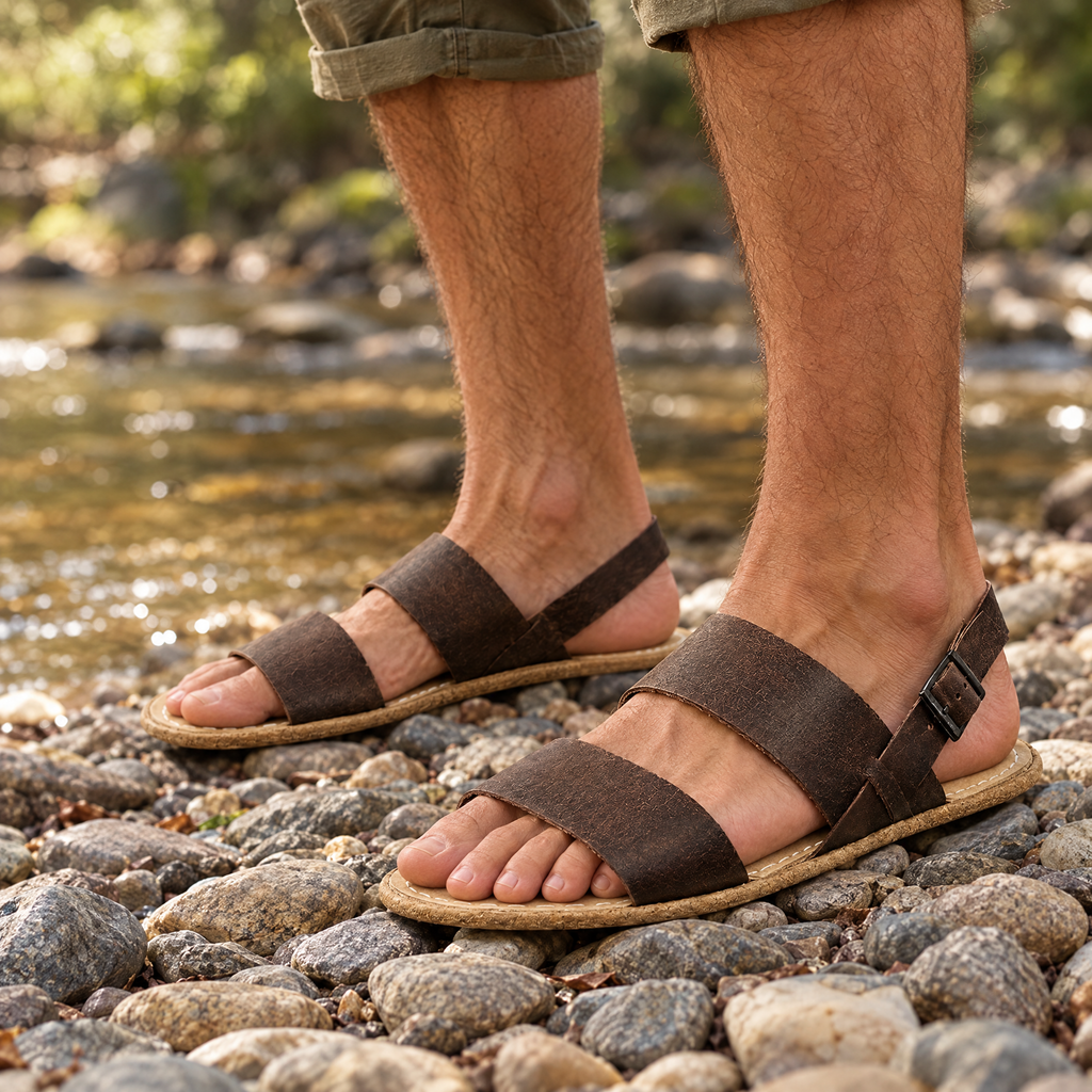 Brook grounding double-strap sandal worn outdoors on natural ground
