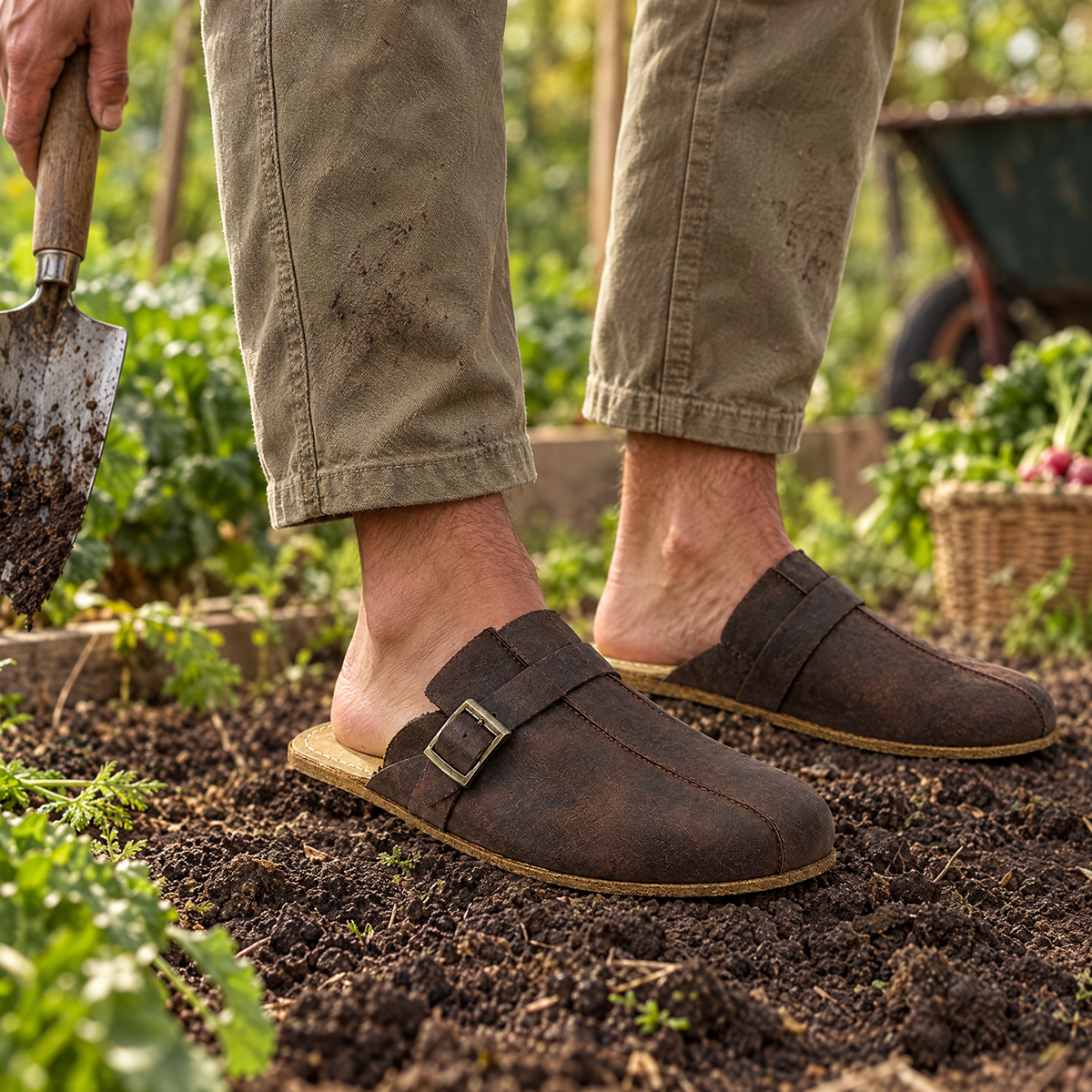 Hearth grounding clog worn outdoors on natural ground