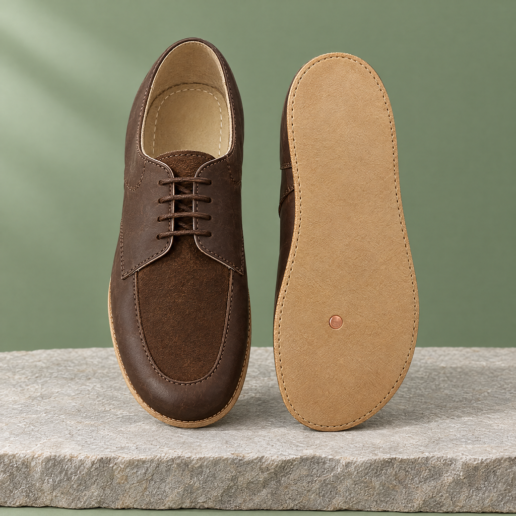 Leather outsole with copper grounding rivet under the ball of the foot