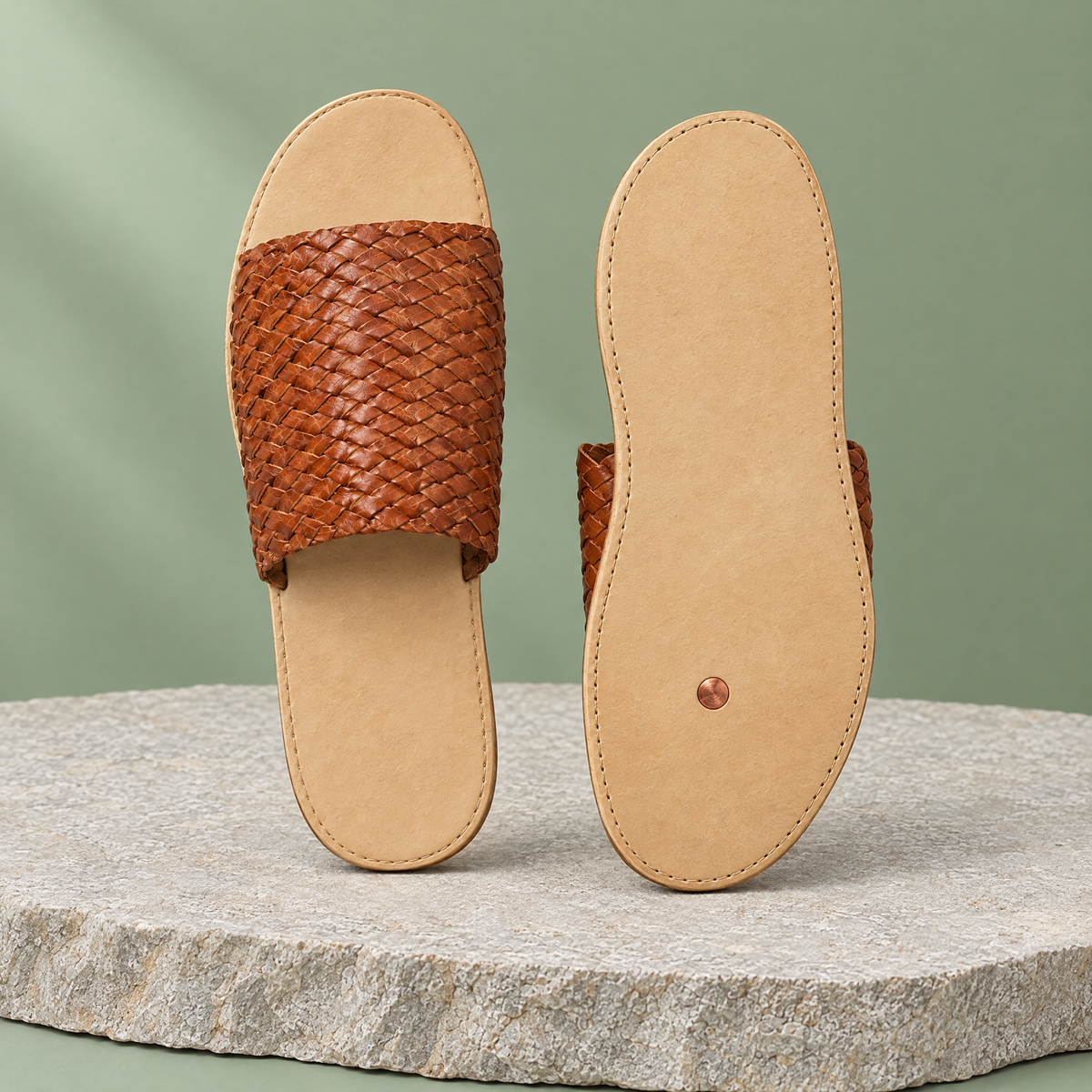Leather outsole with copper grounding rivet under the ball of the foot