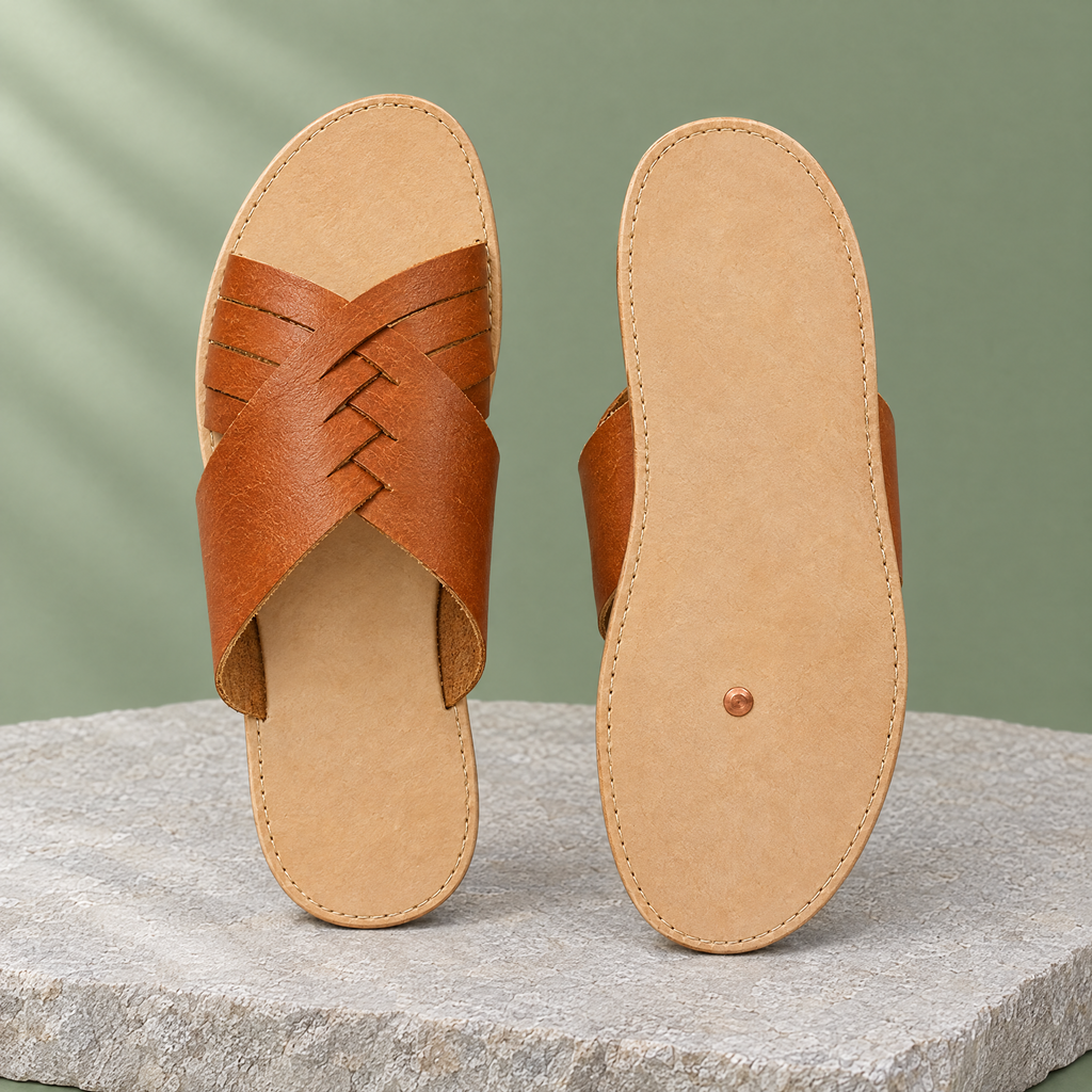 Leather outsole with copper grounding rivet under the ball of the foot