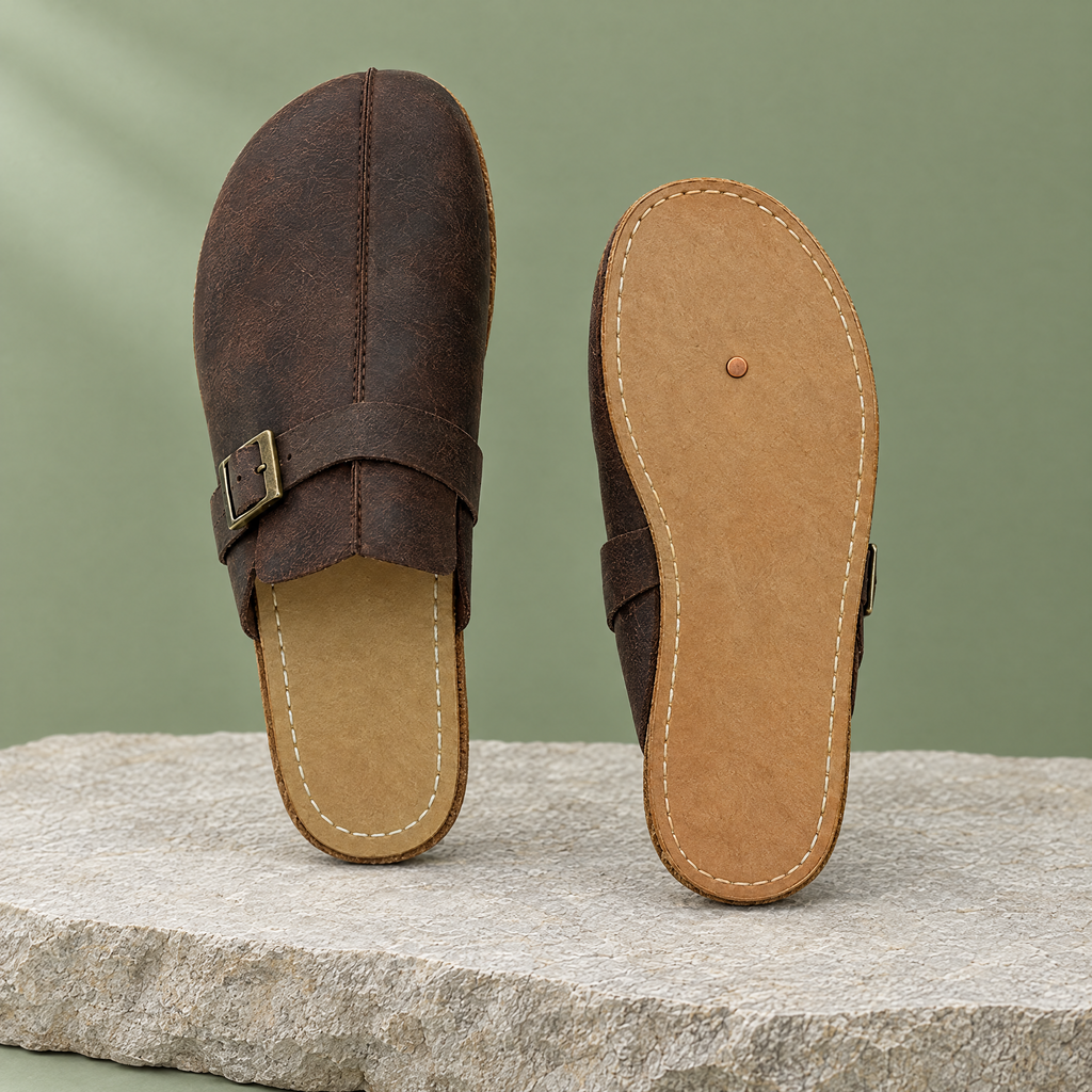 Leather outsole with copper grounding rivet under the ball of the foot