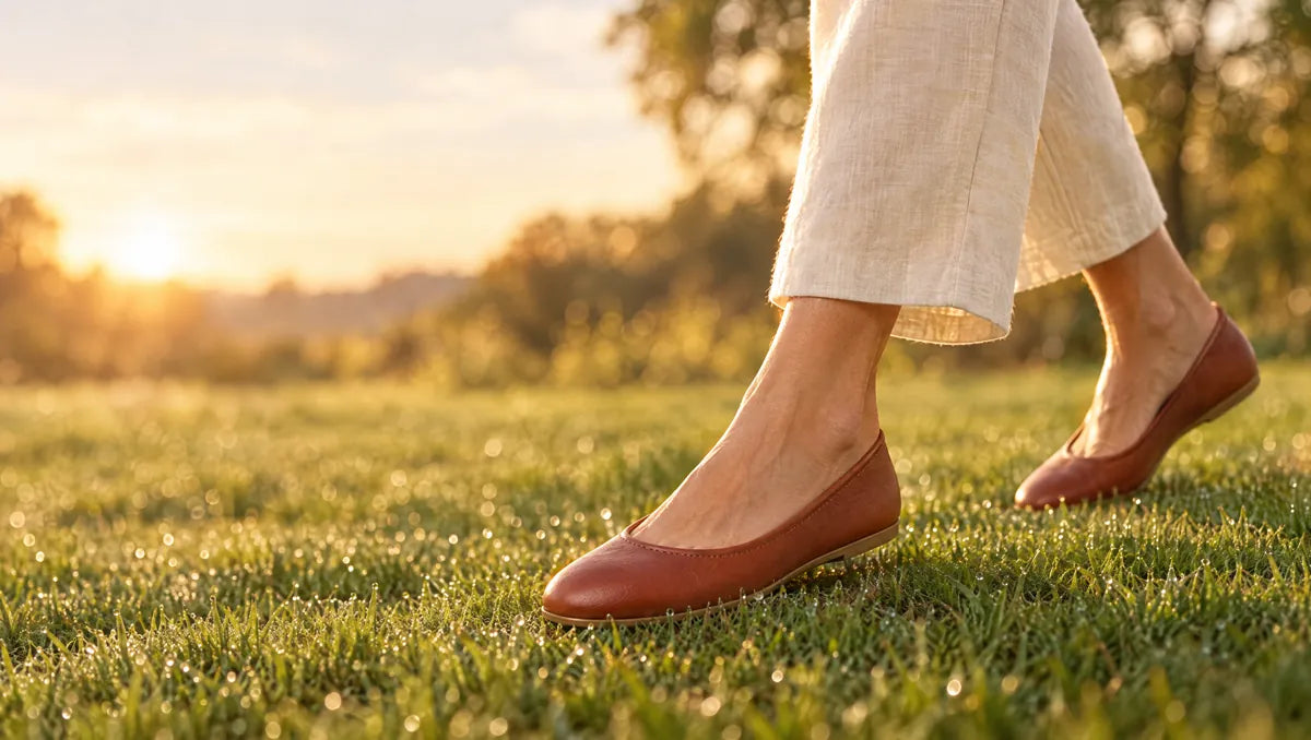 A woman walking across a dewy lawn at golden hour in cognac leather EarthingFlow slip-ons